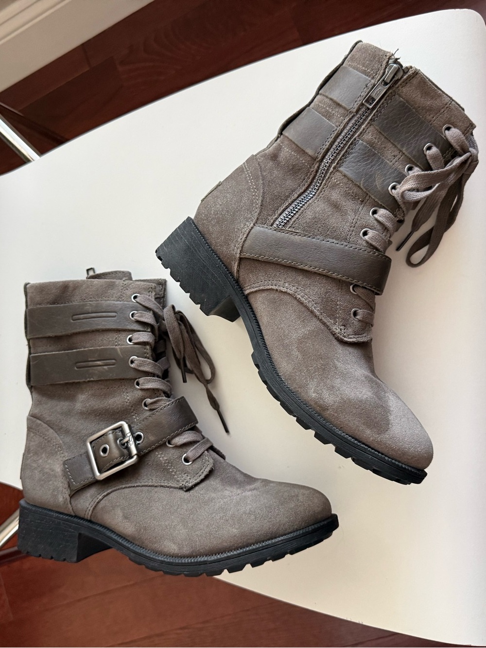 UGG Zia Grey Suede Waterproof Moto Combat Boots Women’s Size 6.5